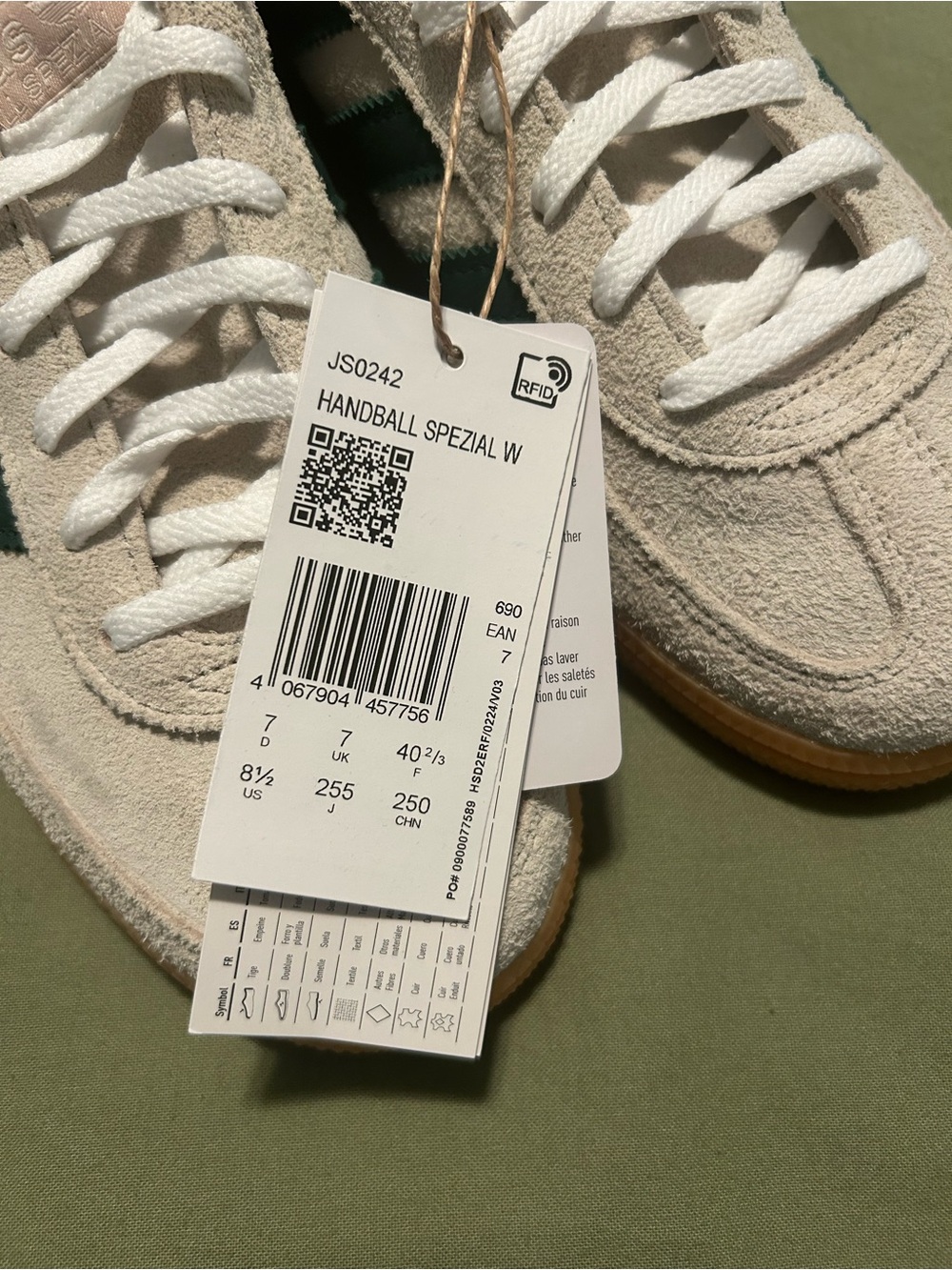 adidas Suede Sneakers in Off-White with Dark Green Stripes and Gum Sole - Picture 3 of 15
